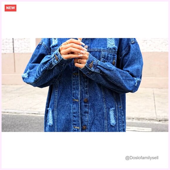 Oversized Distressed Denim Jacket Boyfriend Fit Ripped Casual Coat - Picture 4 of 4